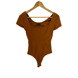 OUT FOR UNDER URBAN OUTFITTERS Brown Square Neck Stretch Short Sleeve Bodysuit